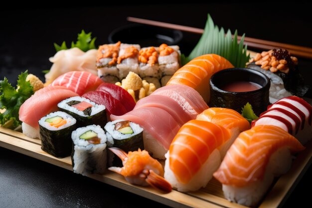 Closeup of a beautiful sushi platter with various types of rolls nigiri and sashimi