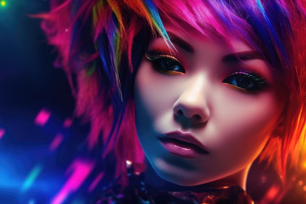 A closeup of a beautiful synthwave girl face is captured in a vibrantly surreal fashion photography style Generative AI AIG27