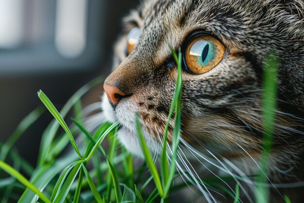 Photo closeup of a beautiful tabby cat eating green grass