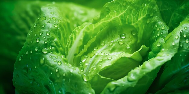 Photo closeup beautiful texture of fresh juicy romaine lettucegreen romaine with water dropsvegetable backgroundhealthy eating with organic food ingredientgenerative ai