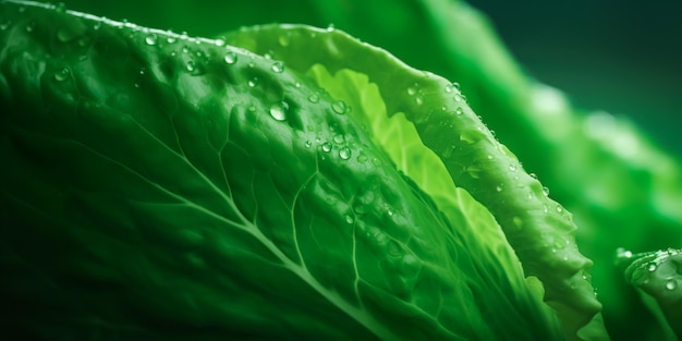 写真 緑のロメインと水のドロップ 野菜の背景 オーガニック食品の成分で健康的な食事