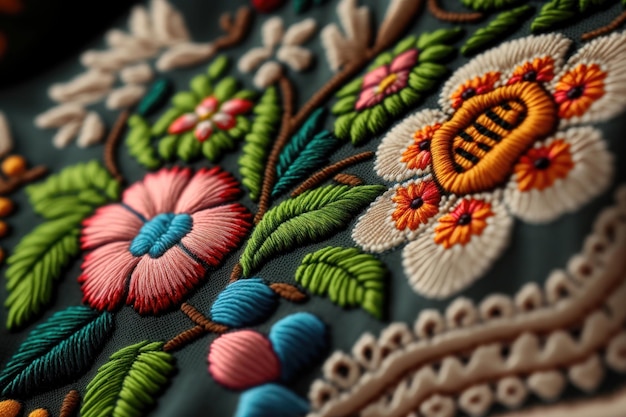 Closeup beautiful Ukrainian traditional style embroidery Vyshivanka AI generation