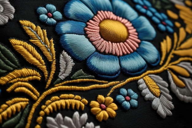 Крупным планом красивая украинская вышивка в традиционном стиле Вышиванка поколения AI