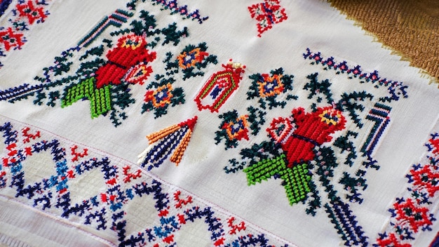 Closeup beautiful Ukrainian traditional style embroidery Vyshivanka