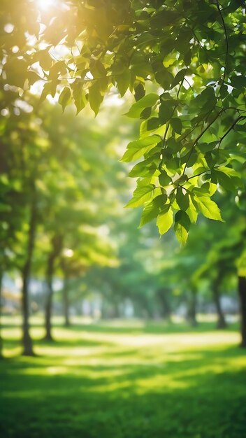 Closeup beautiful view of nature green leaves on blurred greenery tree background with sunlight in p