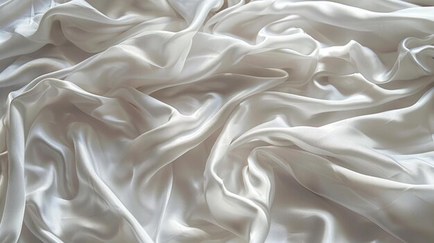 Closeup of beautiful white shiny crumpled polyester fabric sheets on the bed with warm motion and feeling for background and decoration Cloth