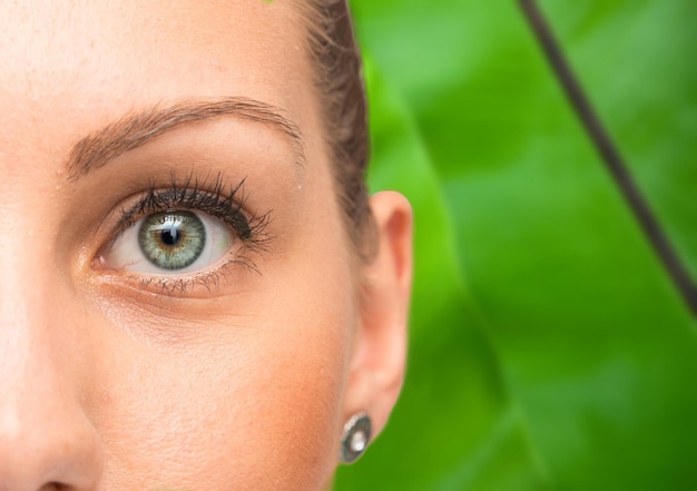녹색 단풍 배경에 대한 아름다운 여자 얼굴의 근접 촬영 인간의 눈의 상세 보기 필드의 얕은 깊이xDxA