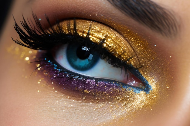 Closeup of beautiful woman's eye with golden makeup