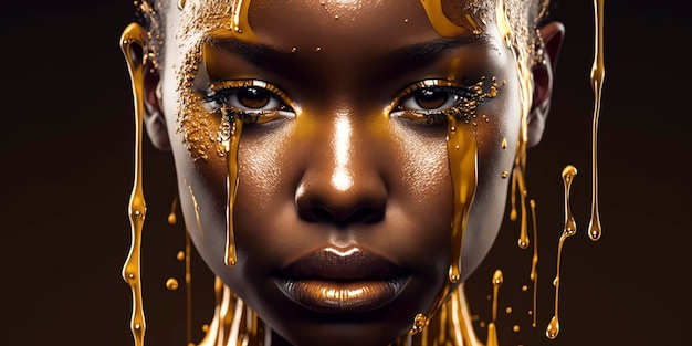 Closeup of beautiful woman with dripping gold Generative AI