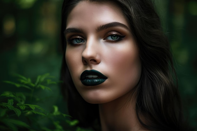 Closeup of a beautiful woman39s lips painted in a deep rich forest green