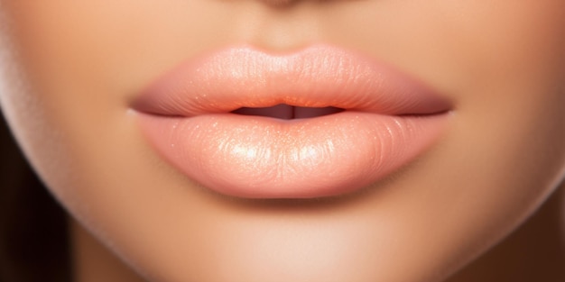 Closeup of beautiful womans lips in peach fuzz colour Advertising of cosmetics makeup