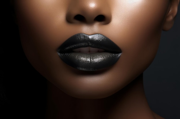 Closeup beautiful womans plump sexy lips with black lipstick Macro photo of face details Perfect clean skin fresh lip makeup