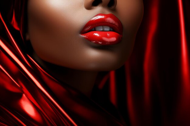 Closeup beautiful womans plump sexy lips with red lipstick Macro photo of face details Perfect clean skin fresh lip makeup