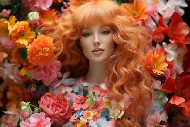 Closeup of beautiful young caucasian woman in the midst of colorful pastel lush flowers redhaired