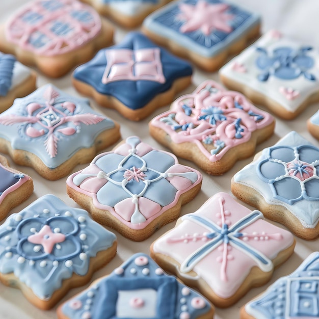 美しく装飾されたクッキーのクローズアップ ベーキングと子のデザインのためのアートコンセプト