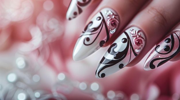 Closeup of beautifully decorated nails with sophisticated swirl patterns and gems