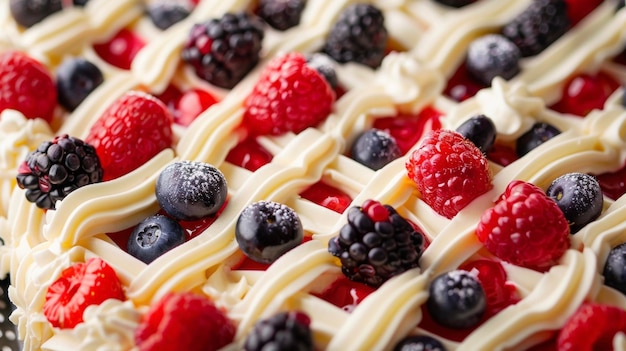 A closeup of a beautifully decorated picnic cake adorned with fresh berries and a delicate lattice