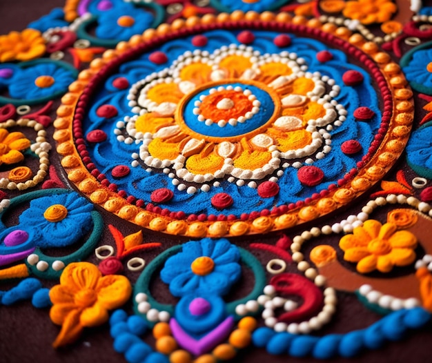 A closeup of a beautifully decorated rangoli pattern