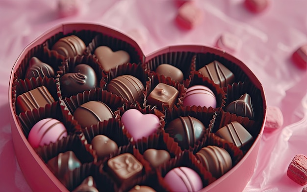 A closeup of a beautifully Heartshaped box of chocolates on the pastel background ai generated