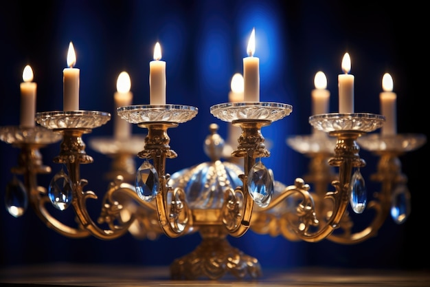 Closeup of a beautifully illuminated Hanukkah menorah blue candles