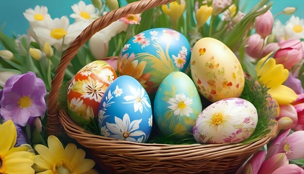 A closeup of beautifully painted easter eggs in a basket surrounded by spring flowers detailed a