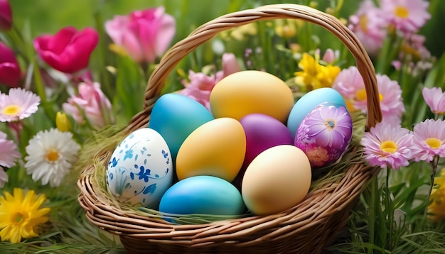 A closeup of beautifully painted easter eggs in a basket surrounded by spring flowers detailed a