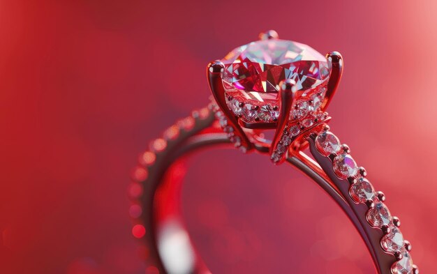 Photo a closeup of a beautifully ring with gemstone on the red background professional ad ai generated