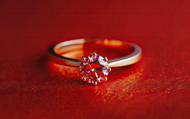 Photo a closeup of a beautifully ring with gemstone on the red background professional ad ai generated