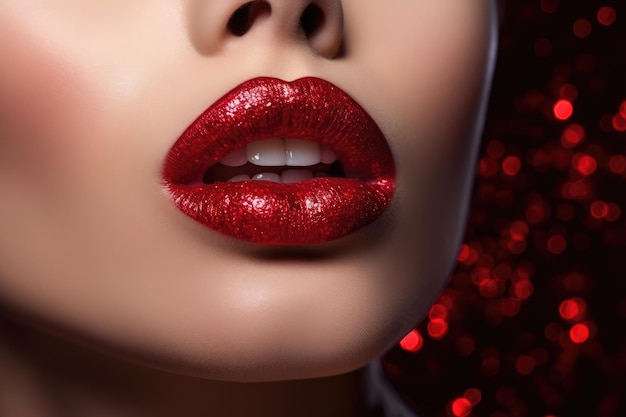 Photo closeup beauty portrait of a young woman with red lipstick