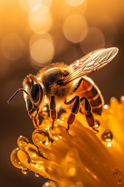 Близкий взгляд на пчелу среди теплых капель, генерируемых ИИ
