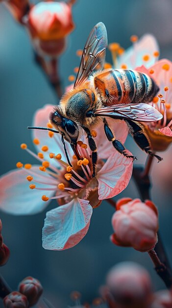 Closeup of a bee on a blooming flower