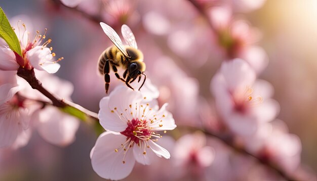 Closeup of a bee collecting nectar from delicate cherry blossom