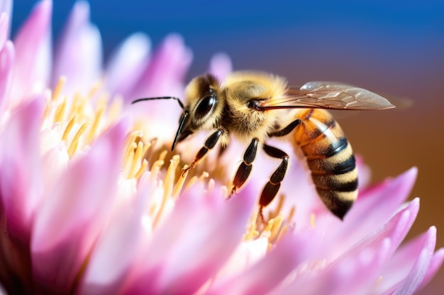 A closeup of a bee collecting nectar from a flower