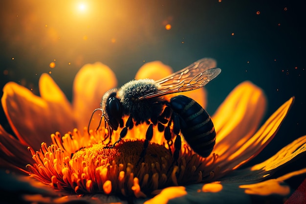 夏の暑さの中、花の花びらに花粉を集めるミツバチの接写
