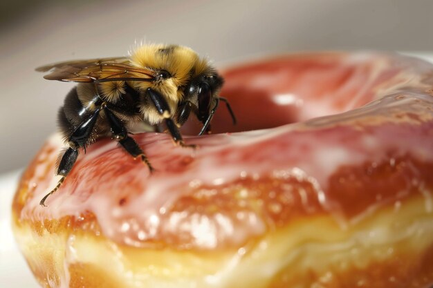 Closeup of bee on a glazed donut