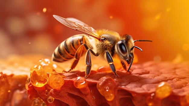 Closeup of a bee on a honeycomb