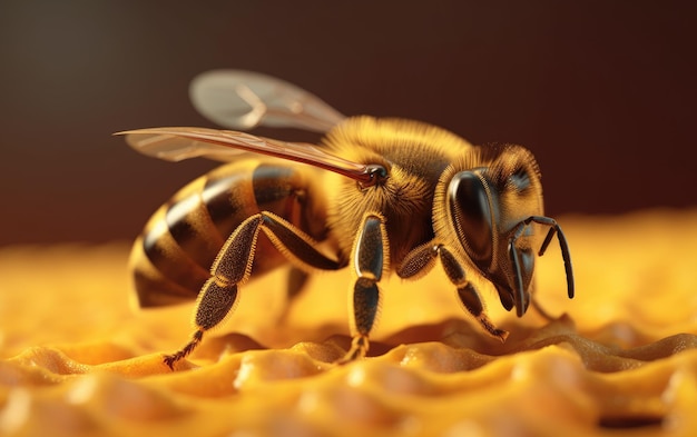 A closeup bee isolated on a honey background honey bee ai generated