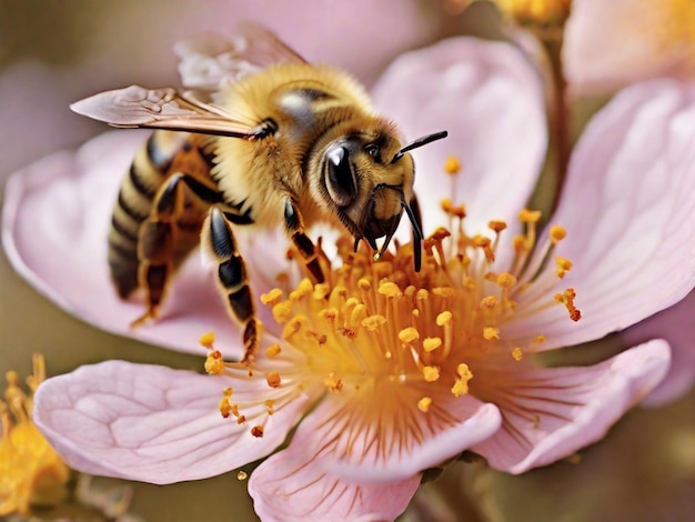 A closeup of a bee pollinating a blooming flower