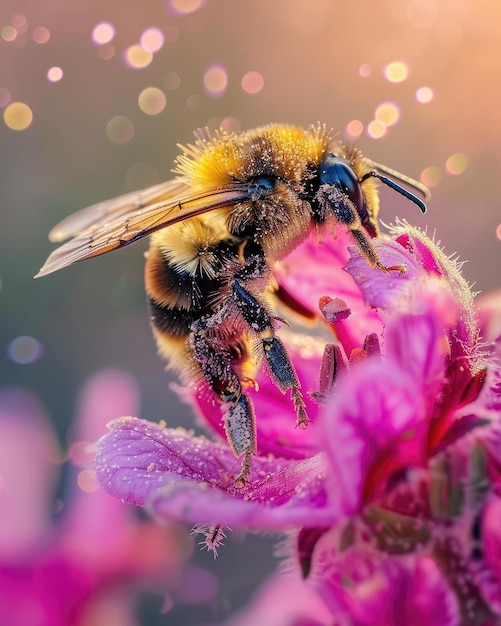 ピンクの花の授粉をしているミツバチのクローズアップ