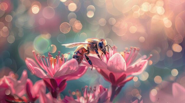ピンクの花の授粉をしているミツバチのクローズアップ