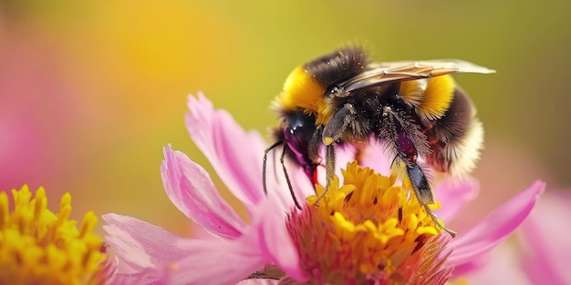 Близкий взгляд на пчелу, опыляющую яркий цветок