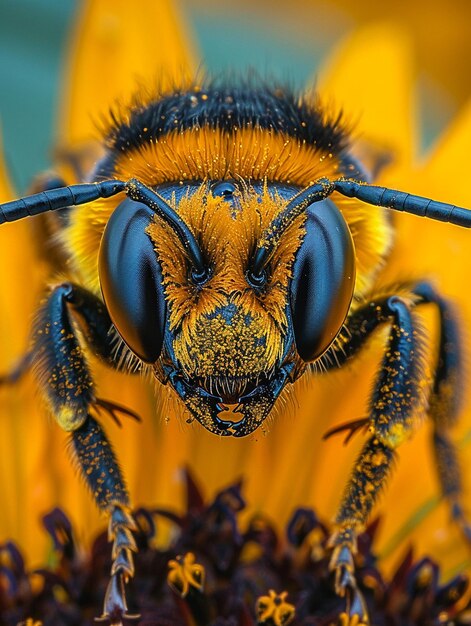 Closeup of a bee on a sunflower representing nature