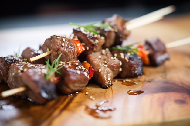 Closeup of beef teriyaki skewers with grilled marks