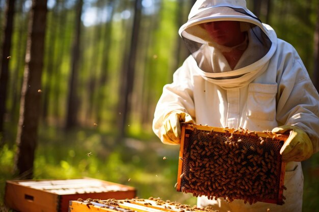 CloseUp of Beekeeper with Honeycomb