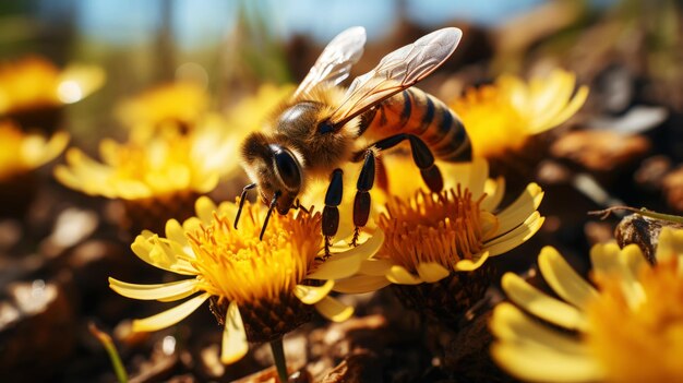 Closeup of bees collecting nectar on blooming flowers the work of bees in nature generative ai