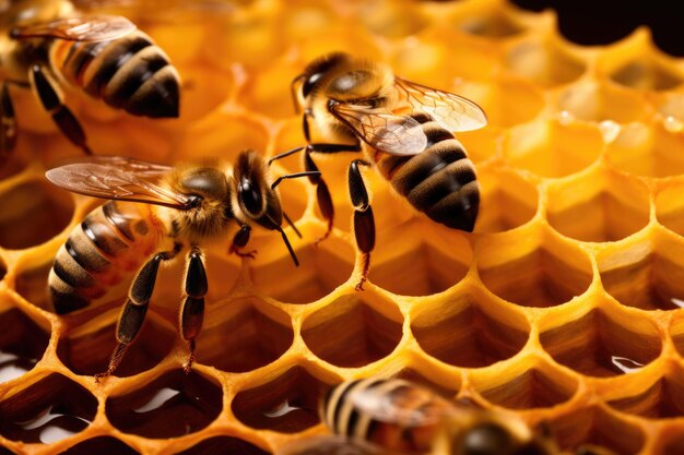 Photo closeup of bees feeding larvae inside honeycomb cells