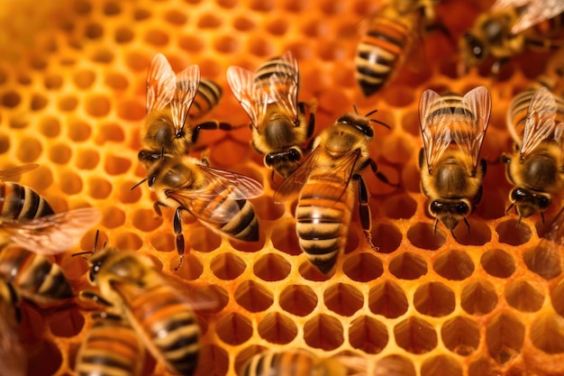 Closeup of bees on honeycomb in beehive created with generative ai