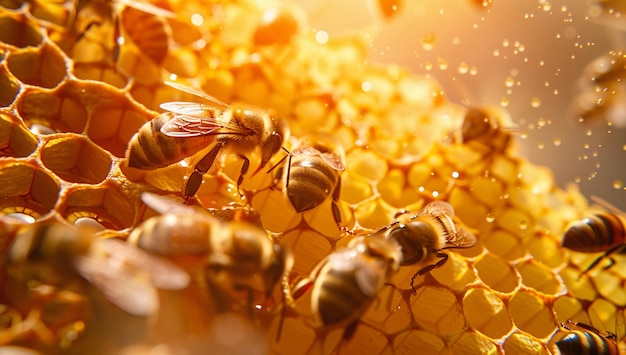 Closeup of bees on a honeycomb