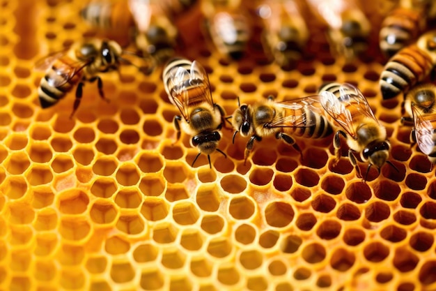 Closeup of bees working on honeycomb in hive created with generative ai