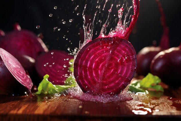 Foto un primo piano del succo di barbabietole versato su un piatto di arance tagliate